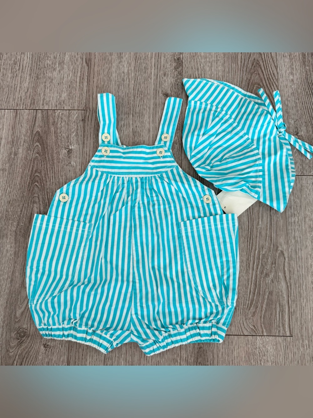 Vintage Baby Eaton’s 1980s Bubble Romper One Piece & Sun Hat Blue Stripe Size 2t